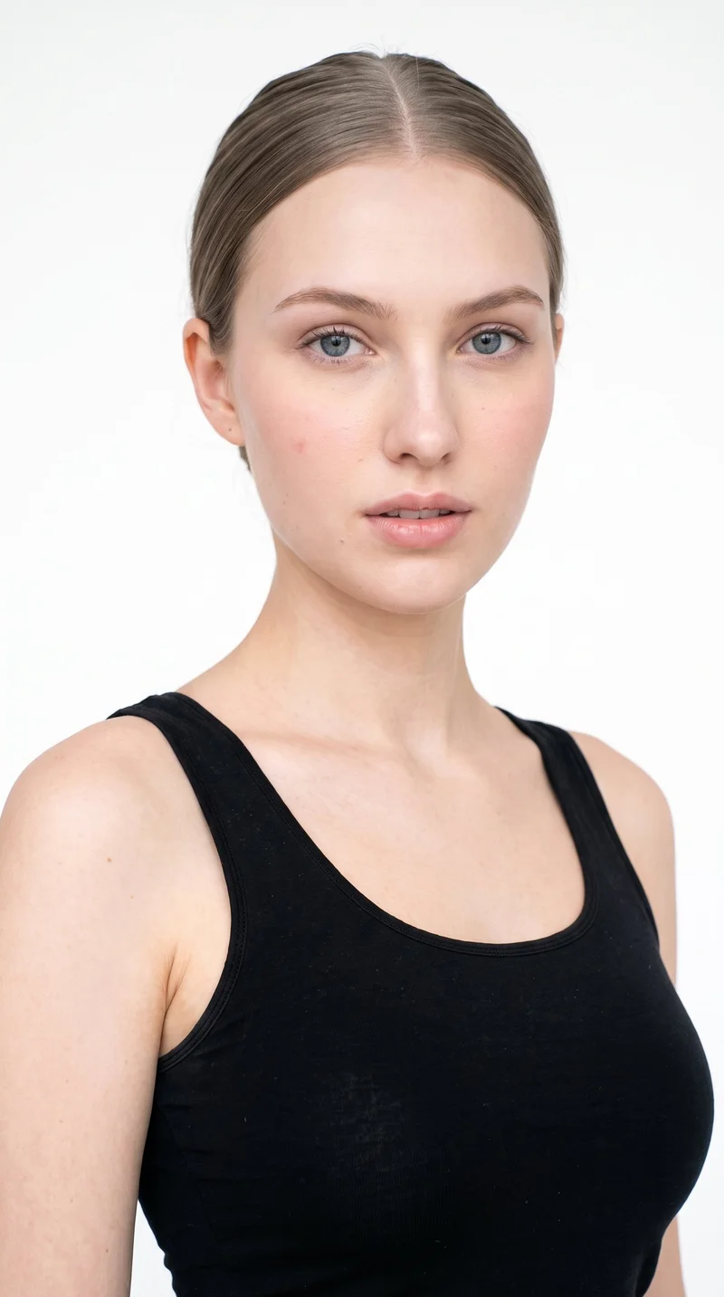 A 20-year-old Caucasian woman with fair skin and a peach undertone has an oval face with balanced proportions and a softly rounded jaw. Her thin eyebrows frame blue eyes with a cool undertone, and she has medium-sized lips. Her ash-brown hair is smoothed back into a sleek, neat bun at the nape.