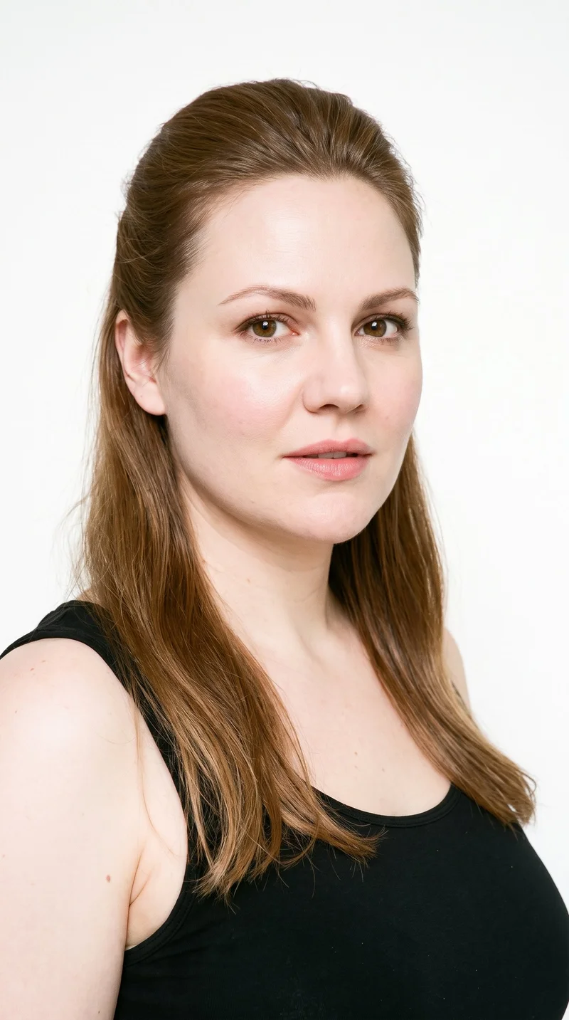 This 36-year-old Caucasian woman has porcelain skin with a warm golden undertone and a round face defined by soft, full contours and few angles. She has thin eyebrows, brown eyes, and medium-sized lips. Her light-brown hair is styled half up and half down, with the upper section pulled back and the lower lengths left loose.