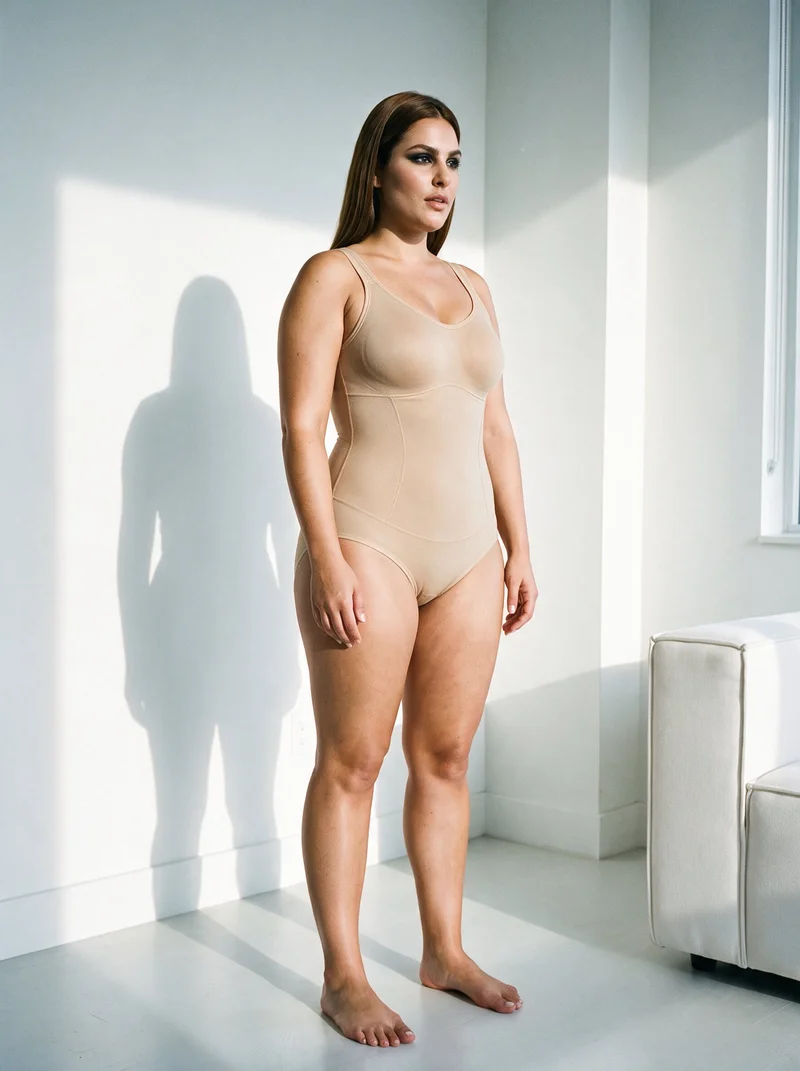 A 31-year-old Hispanic woman stands straight in a full-body, angled-front view wearing seamless tummy-control shapewear. She has a sultry facial expression, with a minimalist apartment backdrop.