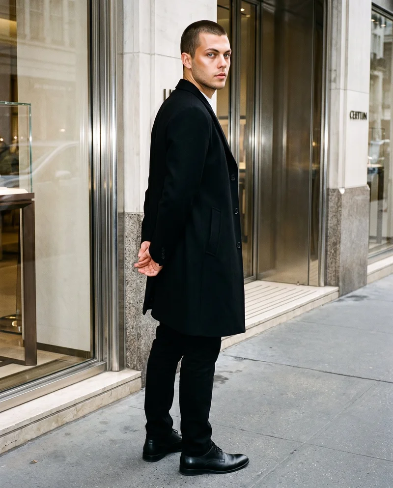A 21-year-old Caucasian man wears a men's black overcoat, shown full body from an angled rear view with his hands behind his back. A luxury boulevard storefront serves as the backdrop.