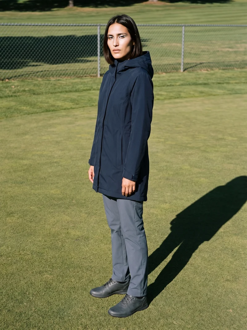 A 21-year-old Hispanic woman wears a women's navy waterproof parka in a full-body front three-quarter view. She stands with her ankles crossed and a serious expression, against a golf course fairway backdrop.