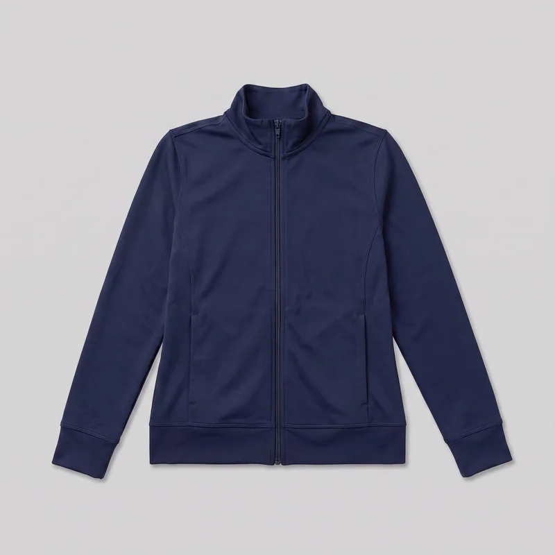 A mostly complete front flat-lay view of a women's navy full-zip athletic jacket. It has a stand collar, long sleeves, shaped front panel seams with visible topstitching or overlock-style lines, two lower front hand pockets, ribbed cuffs, and a wide ribbed hem band.