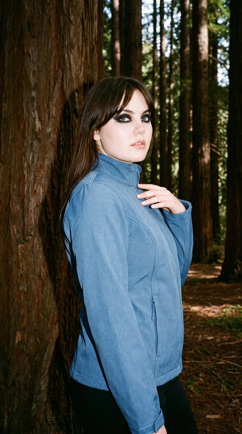 A 24-year-old Caucasian woman models a women's blue softshell jacket in an upper-body, angled front view, with one hand at her collarbone. A redwood grove forms the backdrop.