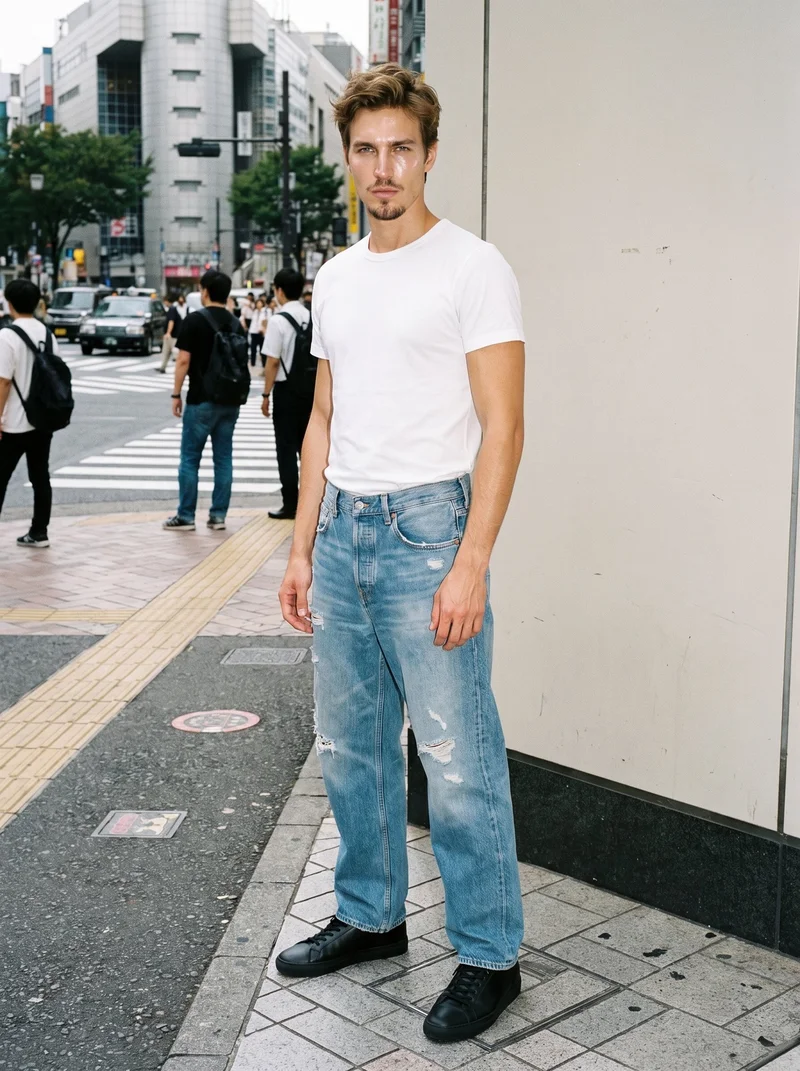A 34-year-old Caucasian male model stands straight in an angled front view, wearing men's distressed boyfriend jeans. His intense expression is visible, with a Tokyo Crossing backdrop behind him.