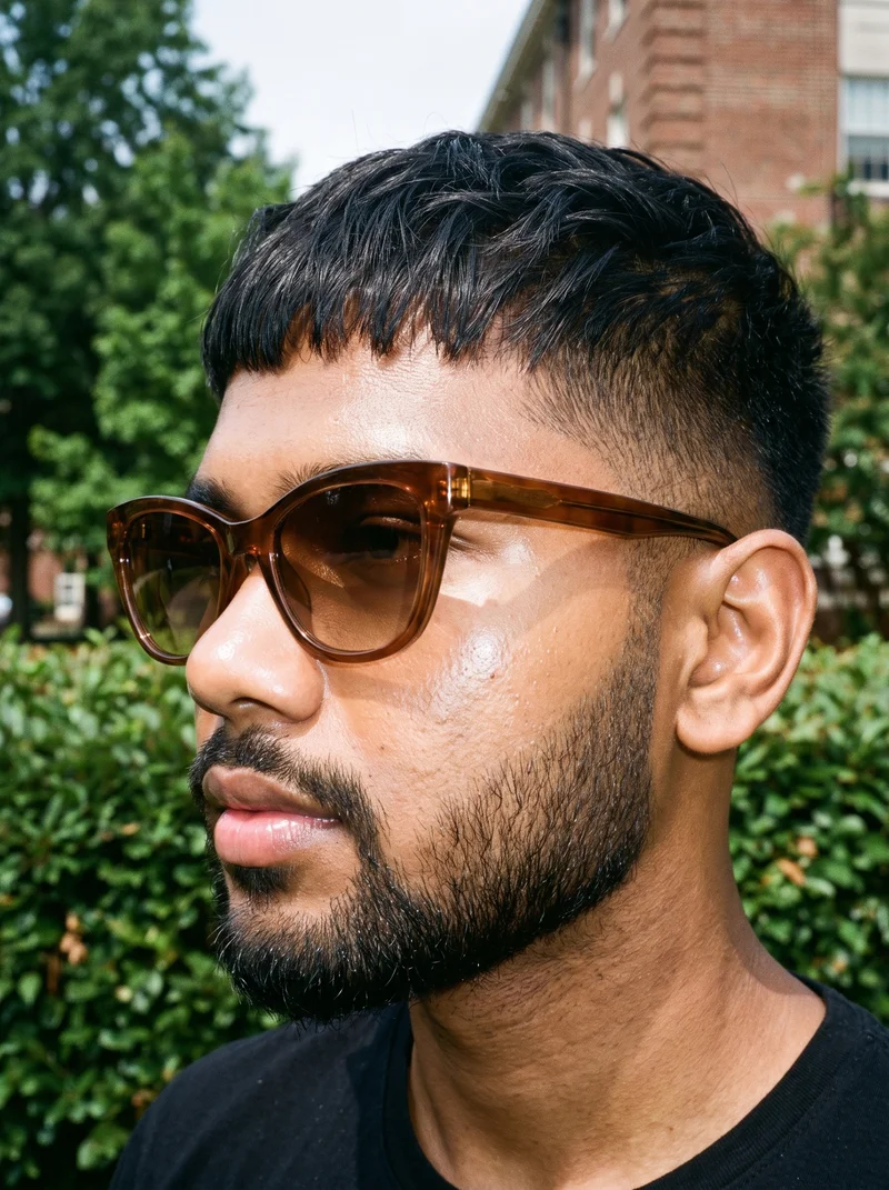Men's Brown Cat-Eye Sunglasses, Head at Side, Clean Catalog lighting