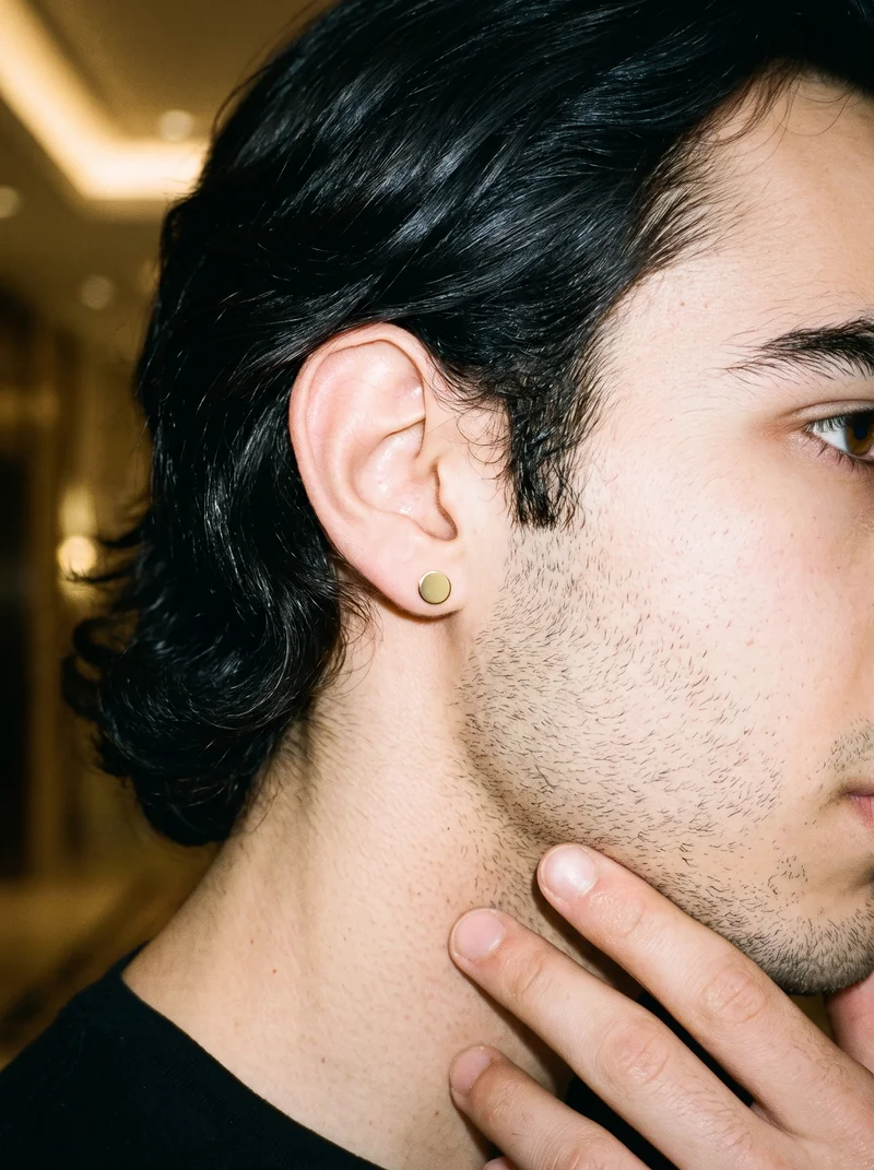 Men's Gold Stud Earrings, Ear at Side, Natural E-Commerce lighting