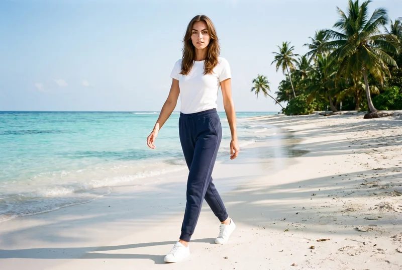 A 22-year-old Caucasian woman wearing women's navy cotton joggers is shown full body from the front while walking. A palm tree beach backdrop is visible behind her, and her facial expression is sultry.