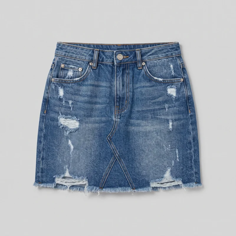 A standalone front view of a women's jean-style mini skirt with a structured waistband, belt loops, button fly, curved front pockets, coin pocket, metal rivets, and contrast topstitching. Distressed ripped and abraded patches cover the front, with an overlapping angled seam below the fly and a raw, fringed hem.