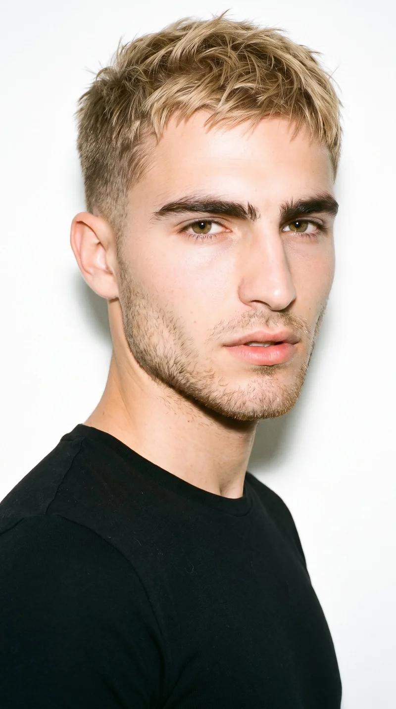 This 21-year-old Caucasian man has fair skin with a peach undertone and a Roman face shape marked by a prominent nose line and defined jaw. His medium-thick eyebrows frame hazel eyes with green-gold flecks, and he has full lips. His mid-tone blonde hair is styled in a short textured crop with layered texture on top and closely cut sides. Fine, closely trimmed stubble lightly covers his beard area.