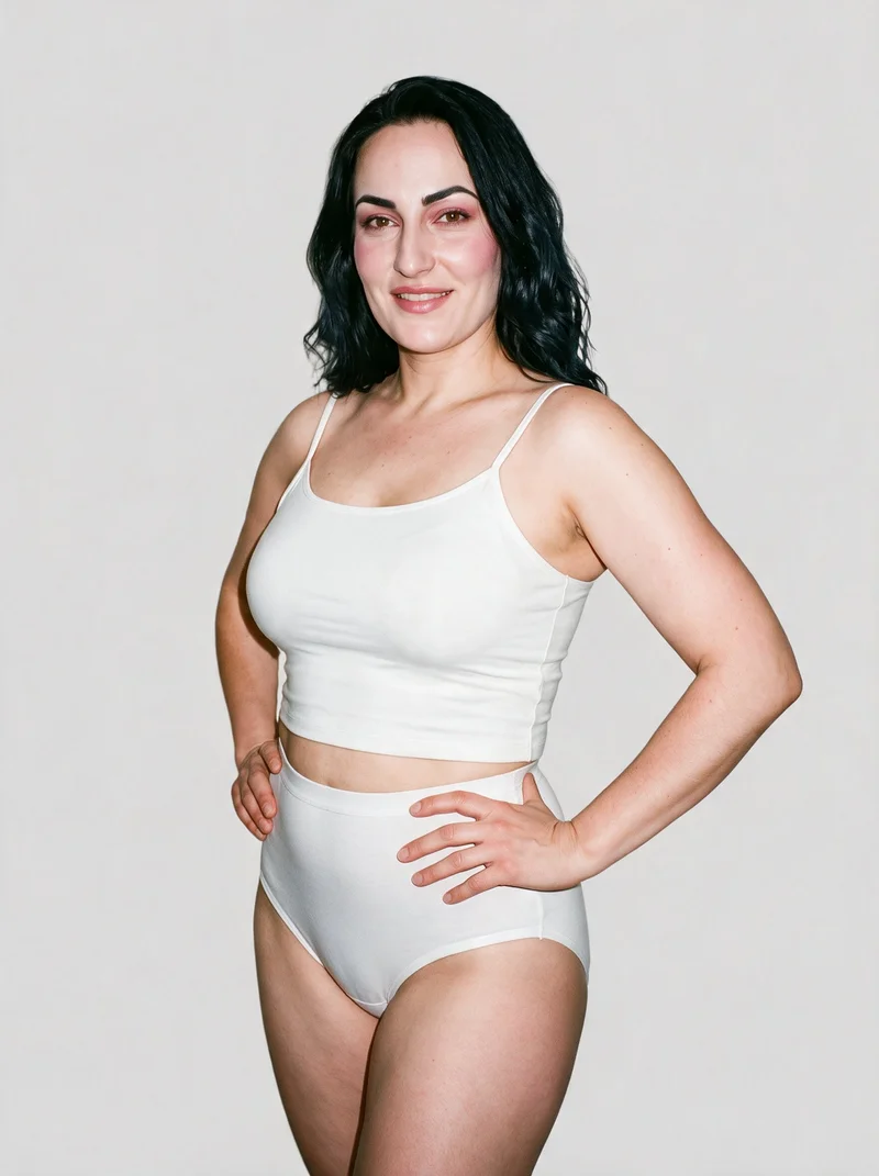 Women's White Cotton Briefs, Upper body at Angled front, Studio Cutout lighting