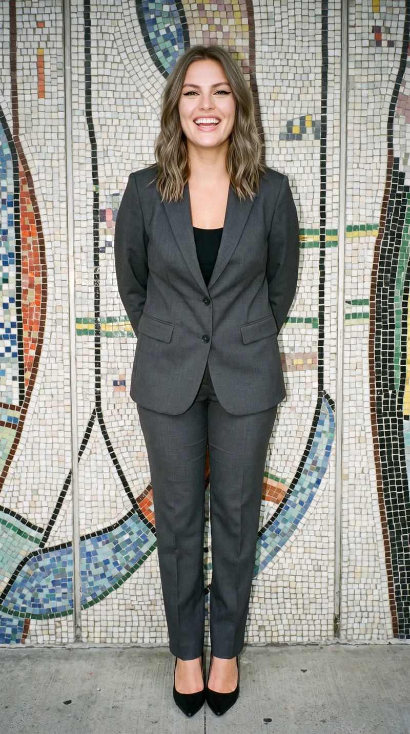 A 30-year-old Caucasian woman is shown full body from the front wearing a women's charcoal grey suit. She stands with her hands behind her back and a grin, with a Barcelona Modernist Building backdrop.
