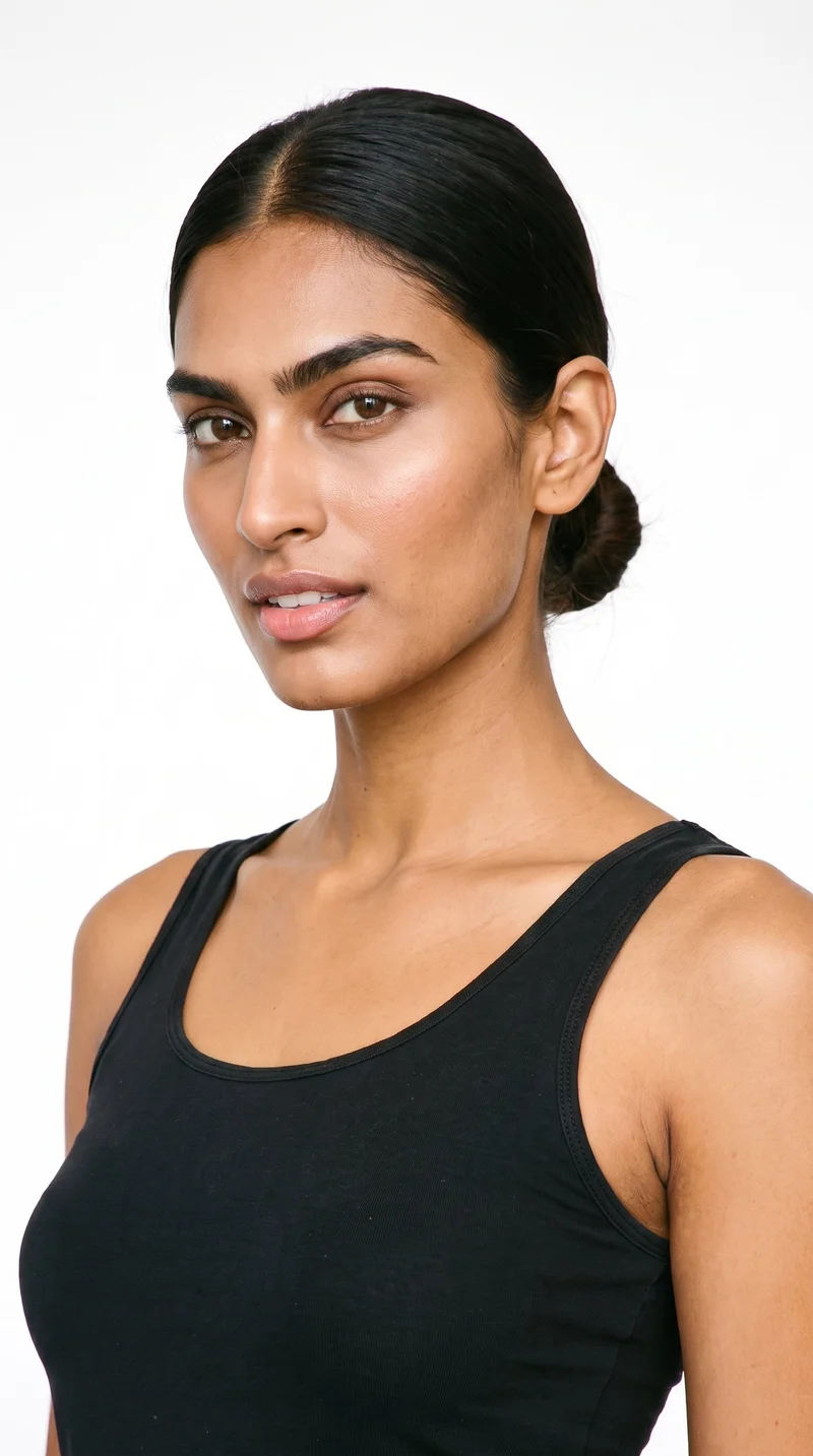 A 33-year-old Indian woman with medium-brown skin and a warm olive-green undertone. Her diamond-shaped face has a narrow forehead and jaw, with cheekbones forming the widest part of her face. She has thick eyebrows, brown eyes, and very full lips. Her dark-brown hair is smoothed back into a neat low bun at the nape.