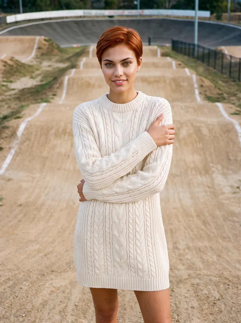 Cream Cable-Knit Sweater Dress, Three-quarter length at Front, Clean Catalog lighting