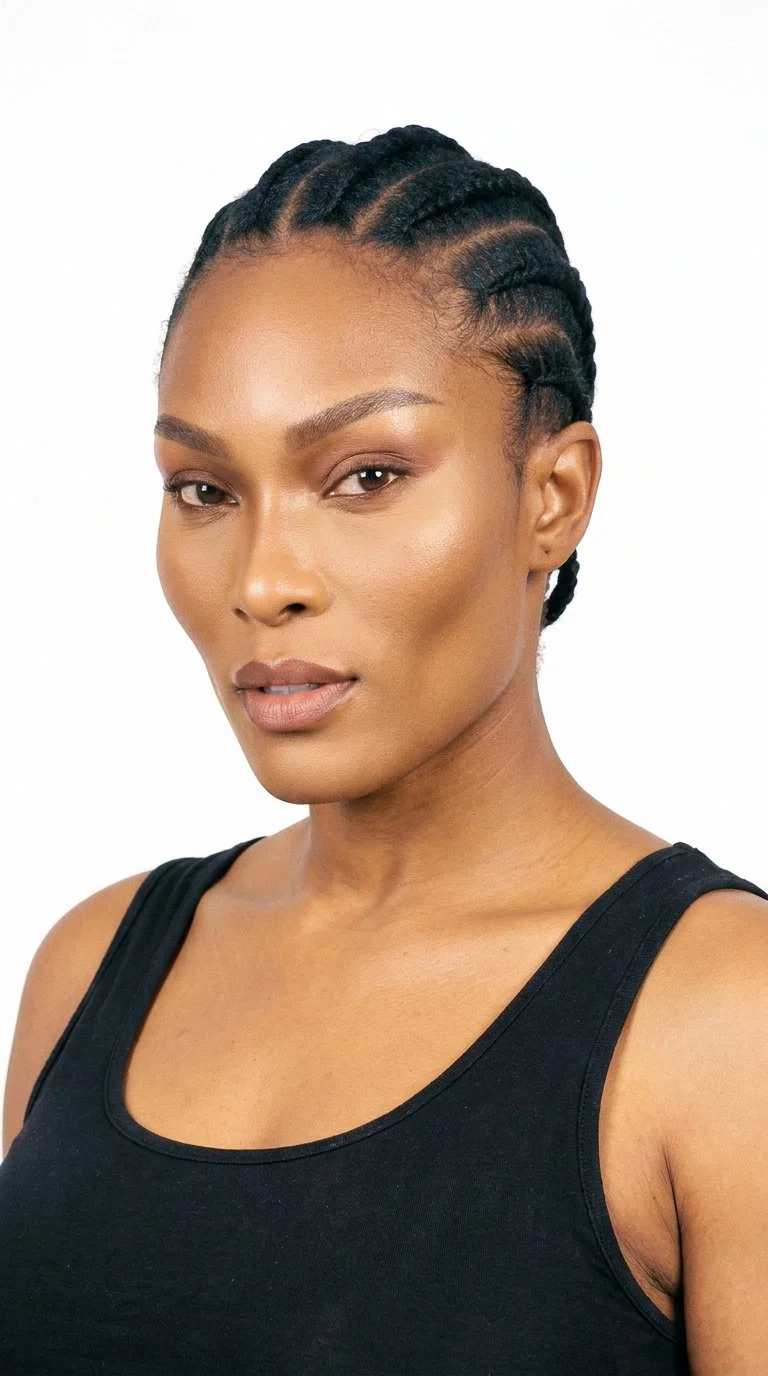 This 25-year-old African woman has golden-brown skin with a red-copper undertone. Her face is angular, with sharp, defined cheekbones and jawline. She has medium-thickness eyebrows, medium lips, and brown eyes. Her black hair is styled in continuous cornrows worn flat against the scalp.
