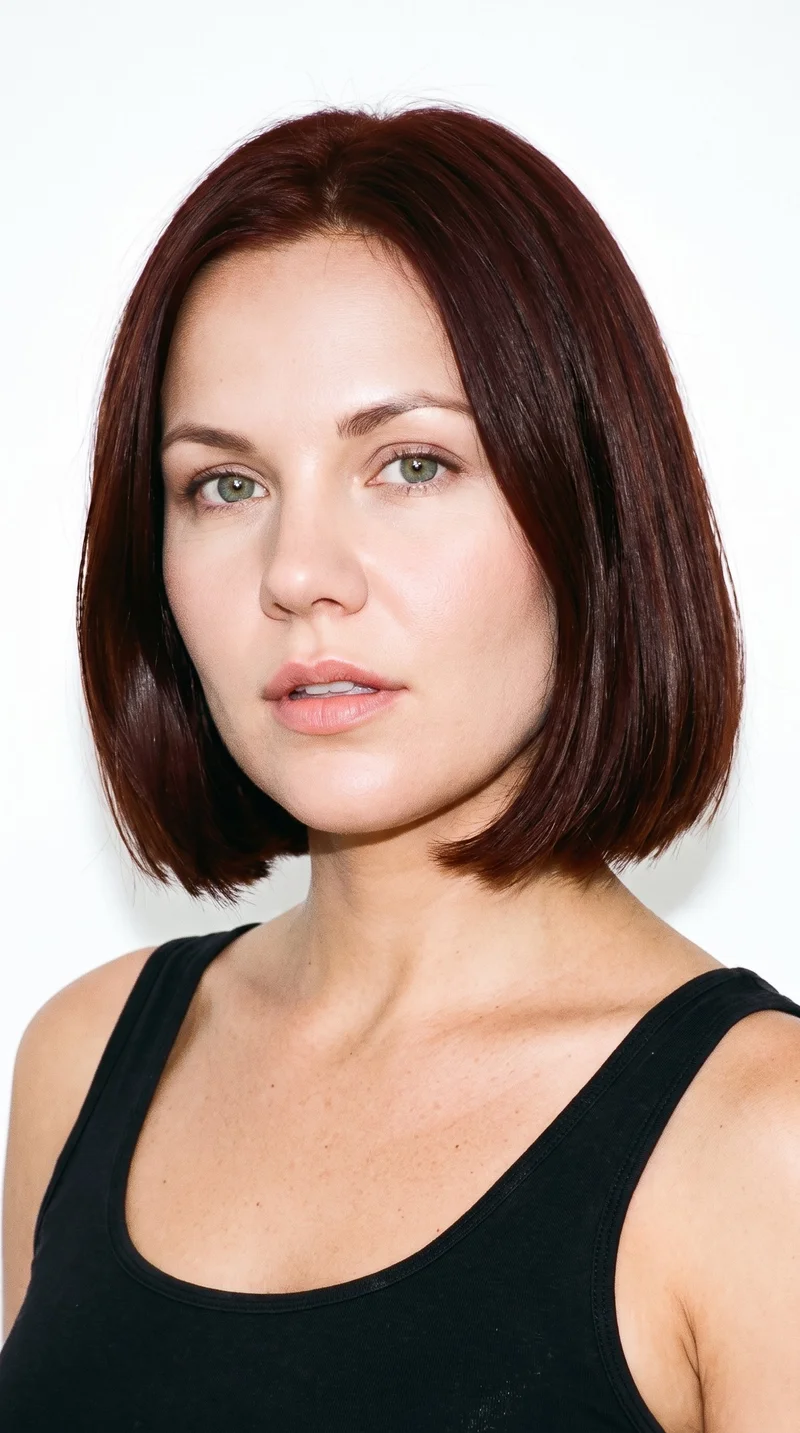 A 34-year-old Caucasian woman with light-tan skin and a peach undertone. Her face is round, with soft, full contours, gentle curves, and few angles. She has thin eyebrows, cool blue eyes, and full lips. Her mahogany hair has a deep-brown base with a reddish-violet sheen and is cut in an even, clean bob reaching from the jaw to the chin.