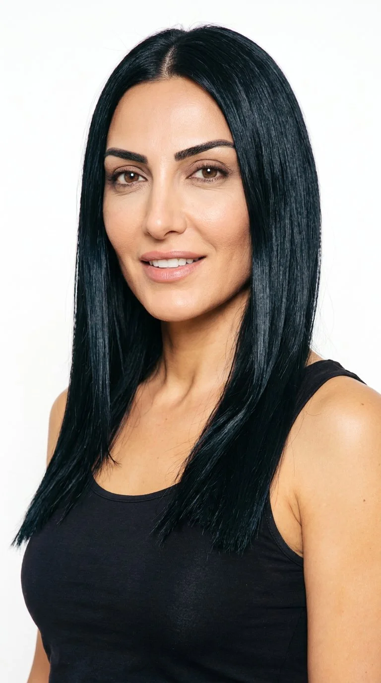 A 42-year-old Turkish woman with honey-toned skin and a warm golden undertone. Her diamond-shaped face has a narrow forehead and jawline, with the greatest width at the cheekbones. She has thick eyebrows, very dark near-black eyes, and full lips. Her deep black hair is straight, smooth, and parted evenly at the centre.