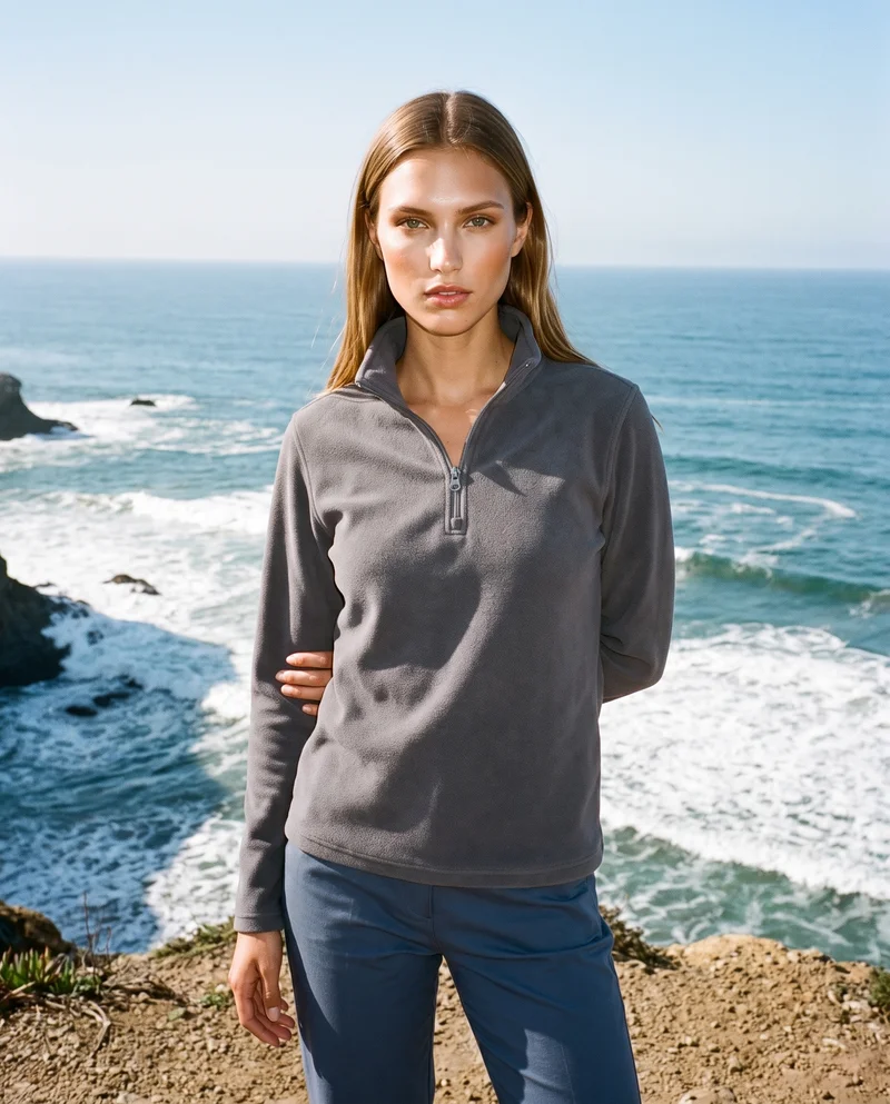 Women's Charcoal Fleece Quarter-Zip, Three-quarter length at Front, Natural E-Commerce lighting