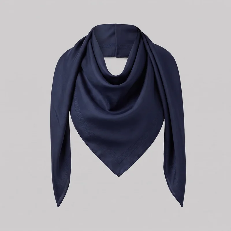 A mostly complete navy silk scarf is shown folded and draped on a simple support. It forms a soft cowl-like loop at the upper opening, with a triangular front point and two elongated side tails hanging down. Finished narrow edges, pointed corners, and a subtle tonal woven border follow the perimeter and triangular fold lines.