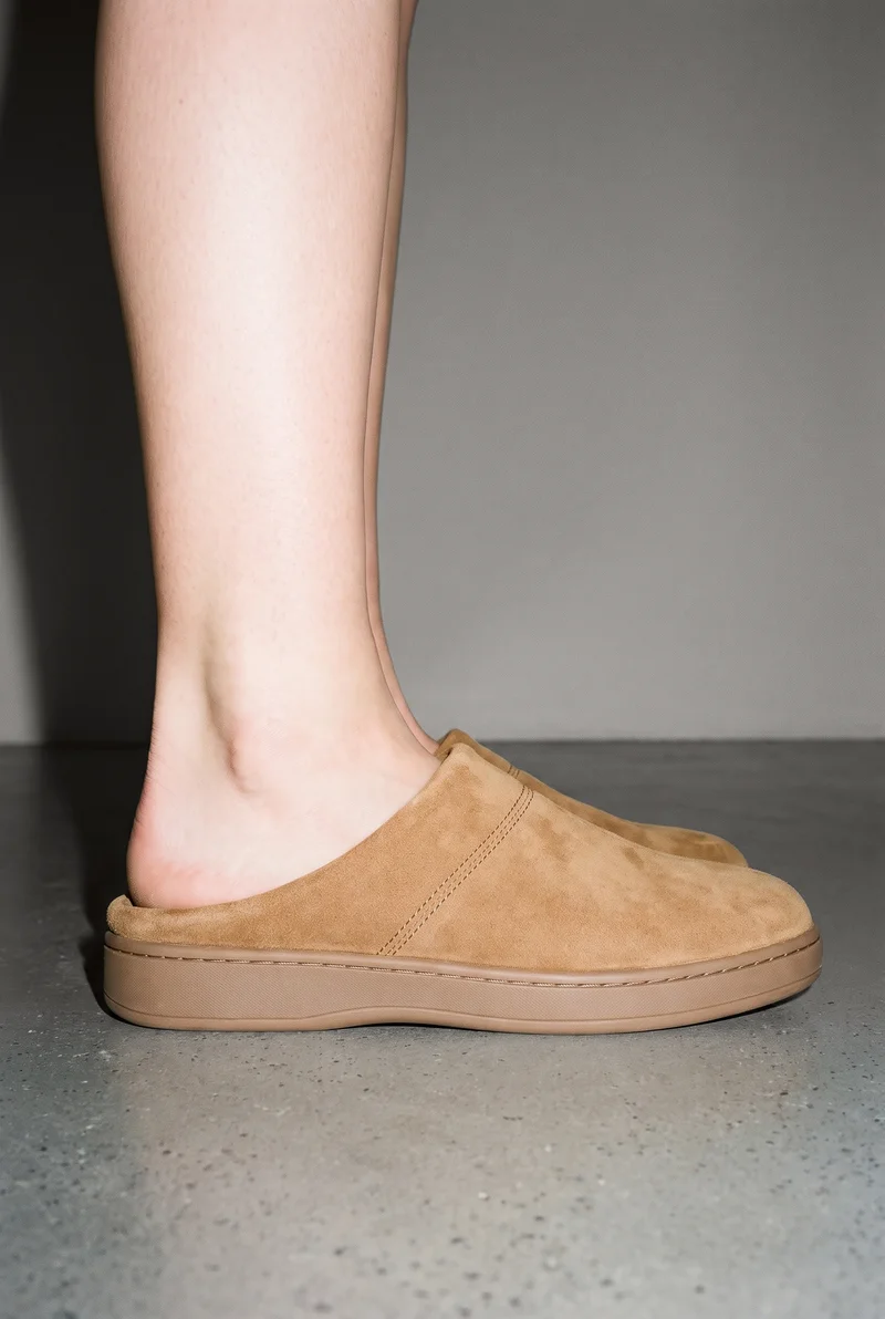 Women's tan suede mules shown from the side at ankle level, framed around the ankle against a studio grey backdrop.