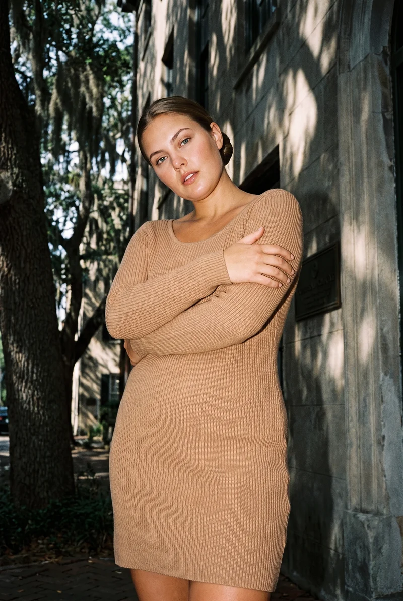 Camel Knit Dress, Three-quarter length at Three-quarter, Flash Editorial lighting