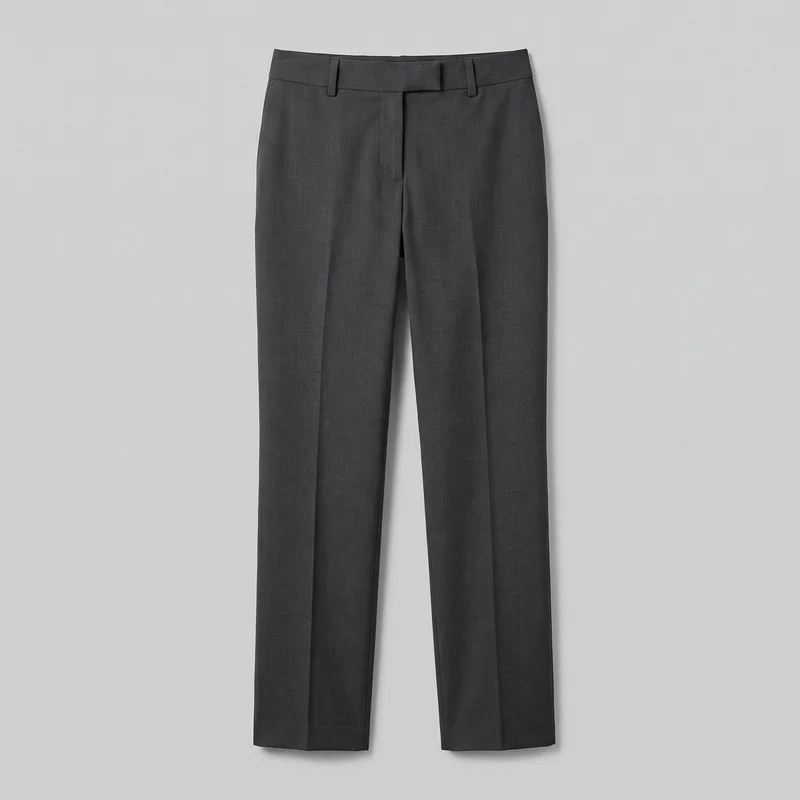 Women's charcoal tailored trousers laid flat in a complete front view. They have a structured waistband with belt loops, a concealed front fly with an overlapping waistband tab, a flat front, pressed center creases, full-length straight legs, and clean straight hems. No pockets, logos, prints, embroidery, patches, or embellishments are visible.