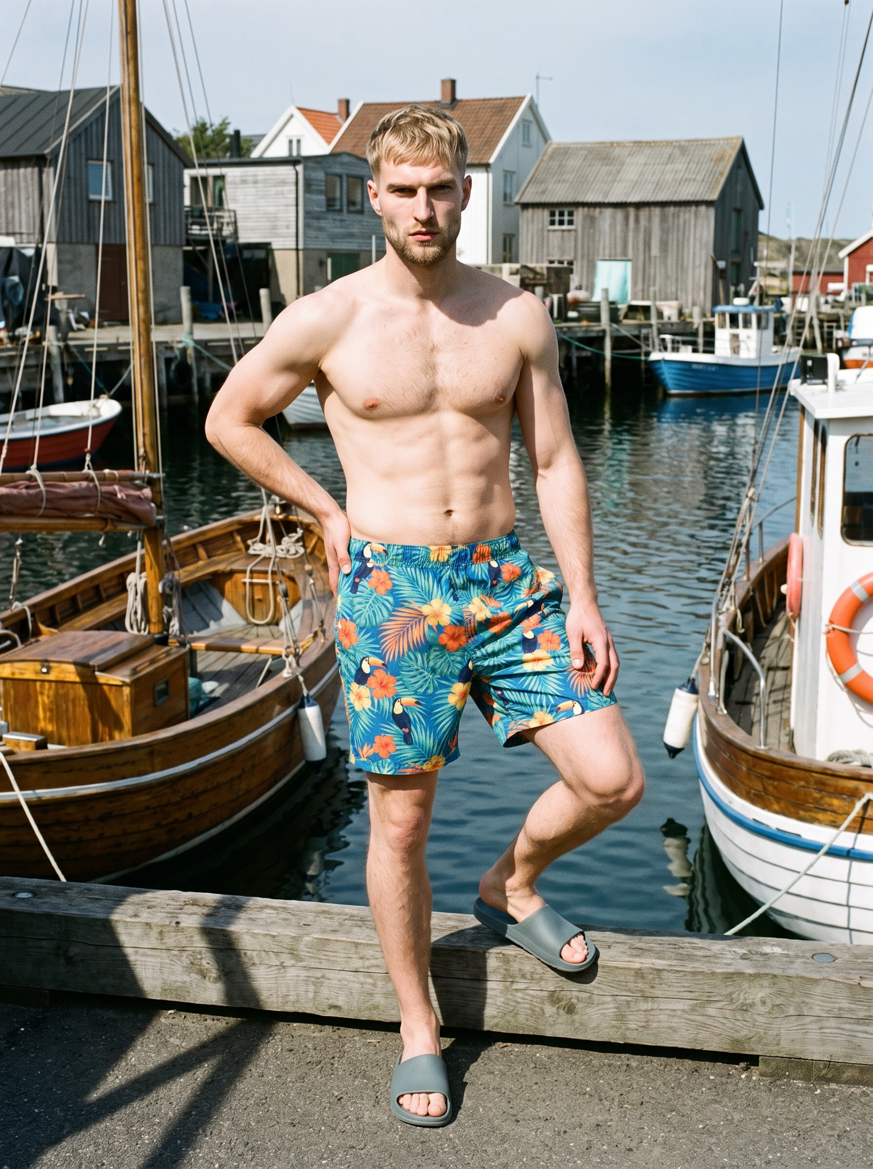 A 23-year-old Caucasian male model is shown from the front wearing tropical print board shorts. He stands with his weight shifted back and a neutral expression, framed environmentally against a Cornwall fishing village backdrop.