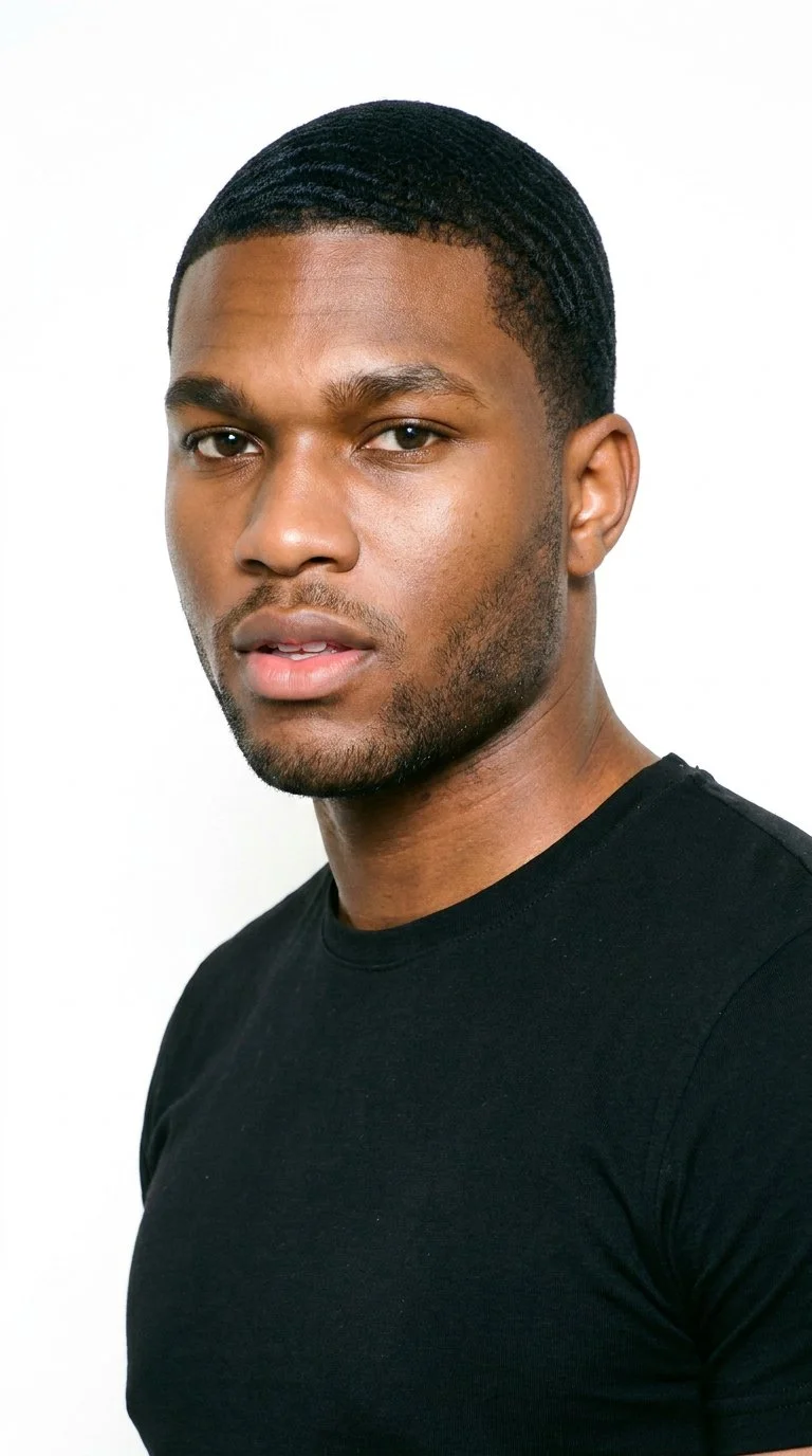 This 22-year-old African man has medium-brown caramel skin with a warm red-copper undertone. His face has smooth, even, softer features in a refined balance. He has medium-thickness eyebrows, brown eyes, and medium lips. His black hair is close-cropped and brushed into continuous 360-wave patterns around his head. Short, even three-day beard growth creates a clearly visible, closely groomed texture.