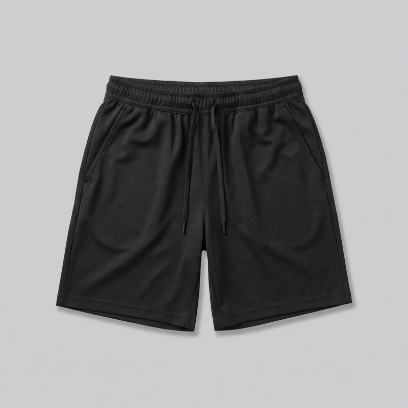 Men's black pull-on training shorts shown in a complete front view. The relaxed-fit shorts have a wide gathered elastic waistband with a central exterior drawstring and two dangling cord ends, angled slash pockets at both front hips, visible side seams, a vertical center-front seam below the waistband, and straight stitched hems ending above the knee.
