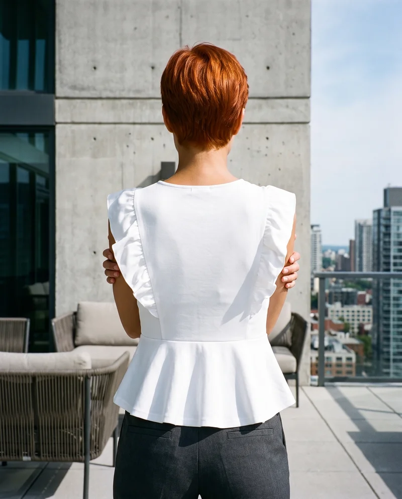 White Peplum Top, Upper body at Back, Flash Editorial lighting