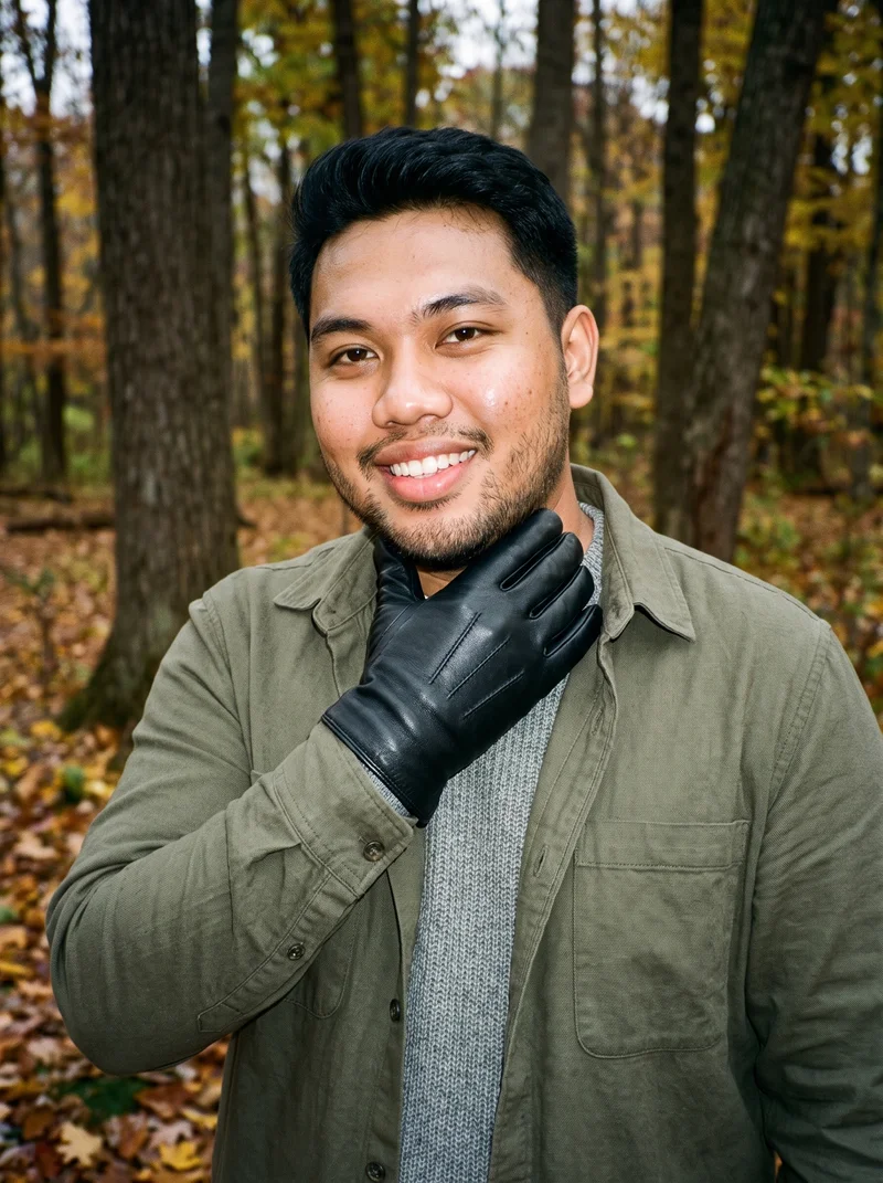 A 23-year-old Southeast Asian man is shown from the upper body at a front three-quarter angle, smiling with one hand on his neck while wearing black leather gloves. An autumn forest serves as the backdrop.