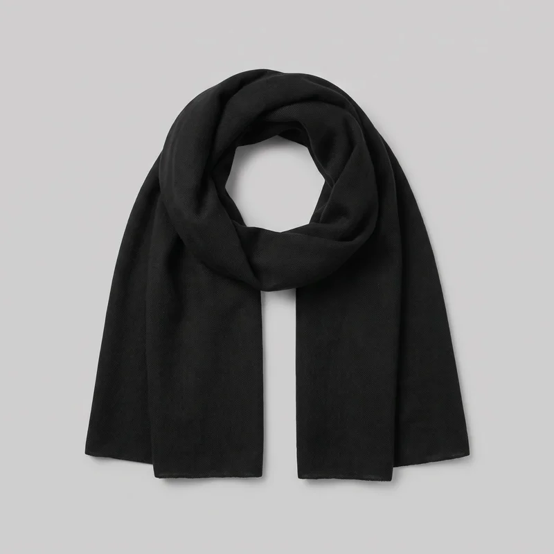A black pashmina shawl is arranged as a loose loop with two flat ends hanging downward. The broad rectangular panels have softly folded volume, squared lower ends, narrow finished edges, and a plain fine woven texture with no visible fringe or embellishments.