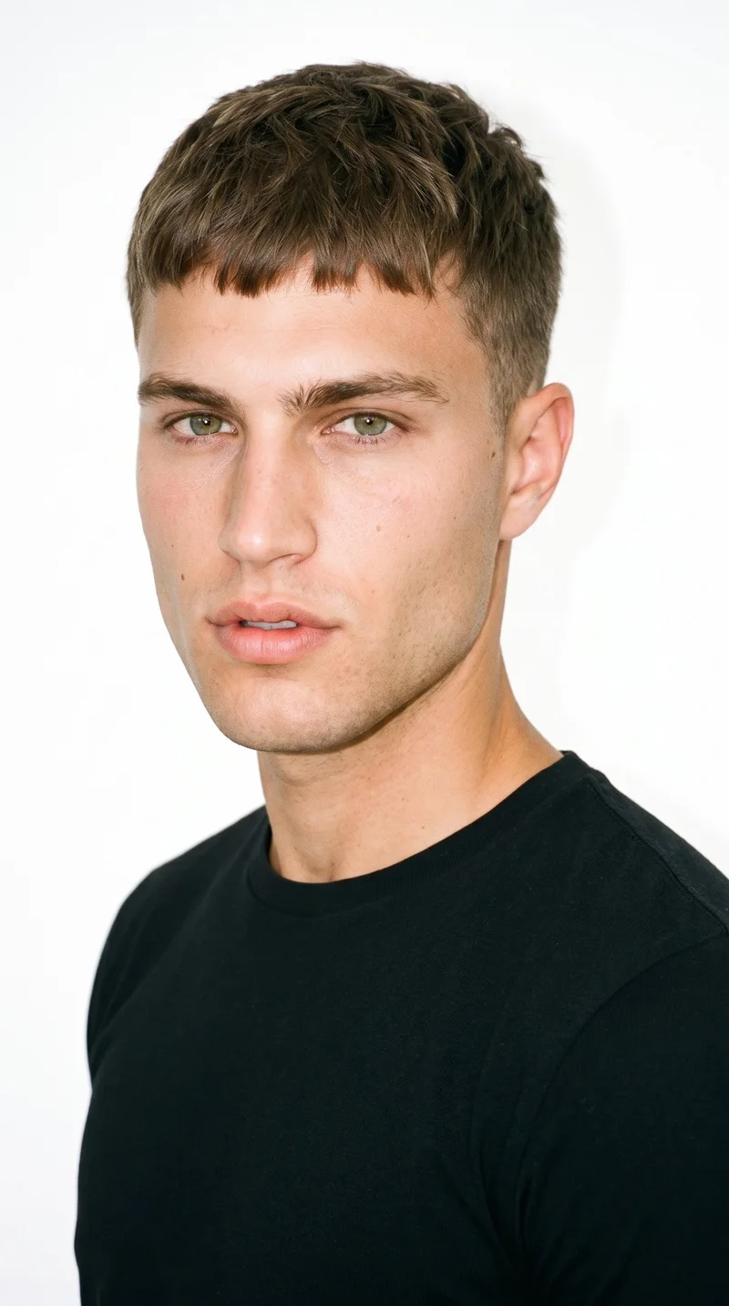 A 21-year-old Caucasian man with medium skin and a cool undertone has a triangle-shaped face, with a wide jaw narrowing toward the forehead. His eyebrows are medium in thickness, and his eyes are amber. He has full lips and is clean-shaven, with smooth skin across the face. His ash-brown hair has a cool undertone and is styled in a French crop with short sides and a short, blunt fringe.