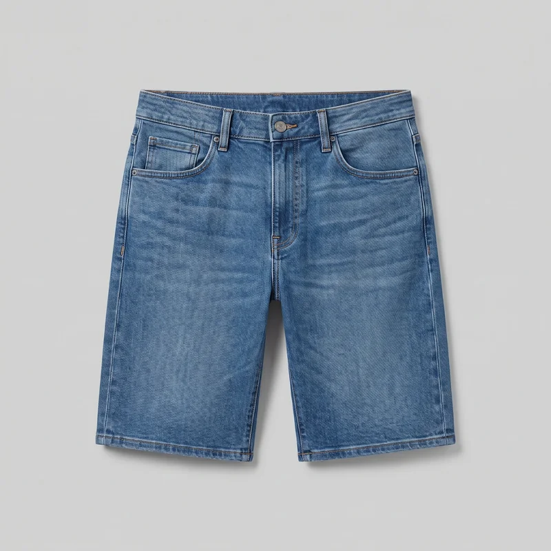 Men's denim Bermuda shorts shown alone in a nearly complete front view. The shorts have a regular straight-leg silhouette, structured waistband with button closure and fly-front placket, belt loops, two curved front scoop pockets, a smaller coin pocket, pocket-corner rivets, side seams, double-row topstitching, and straight sewn hems ending at knee length.