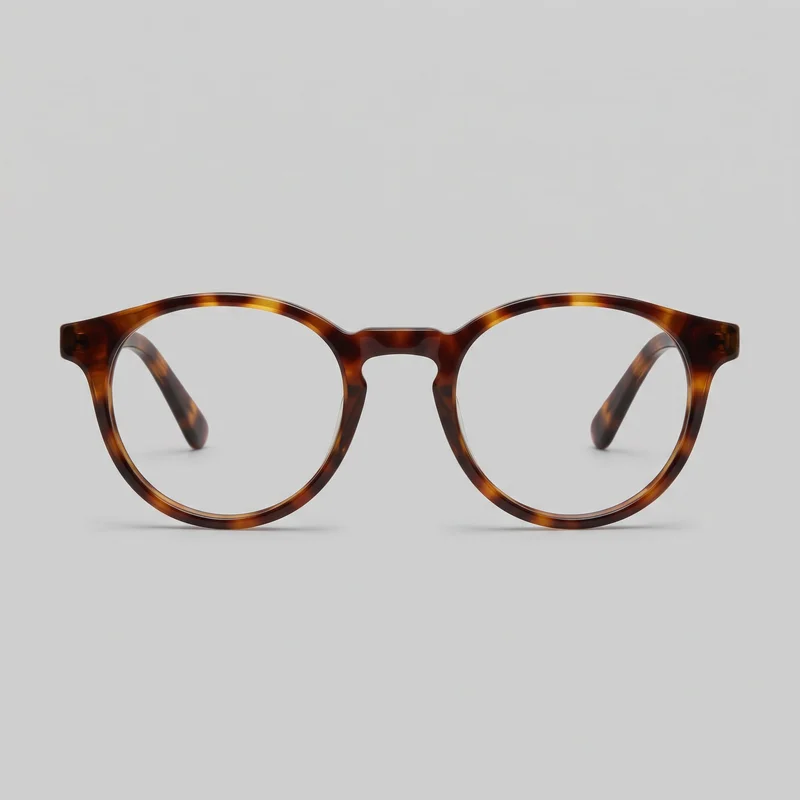 Standalone front view of men's round full-rim eyeglasses with clear lenses and a mottled tortoiseshell pattern across the frame front. The glasses have a shallow keyhole-style bridge, thickened upper rims, squared outer hinge blocks, and temples extending backward behind the lenses with rounded inward-curving tips.