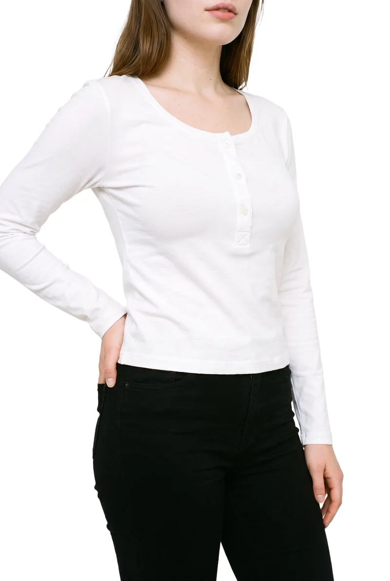 Women's White Henley Top, Torso at Angled front, Studio Cutout lighting