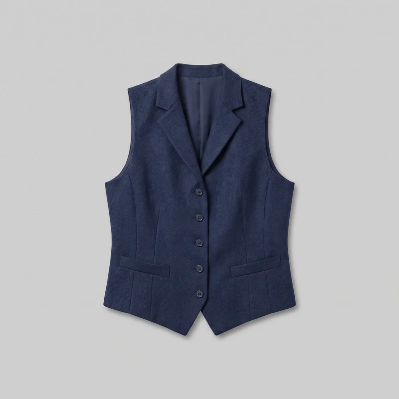 A mostly complete front view of a navy wool women's waistcoat laid flat against a backdrop. The sleeveless tailored design has a fitted, waist-shaped silhouette, deep V neckline with notched lapels, broad shoulders, curved armholes, five visible front buttons, vertical shaping seams, two lower welt pockets with flap-like lips, and a pointed split front hem.