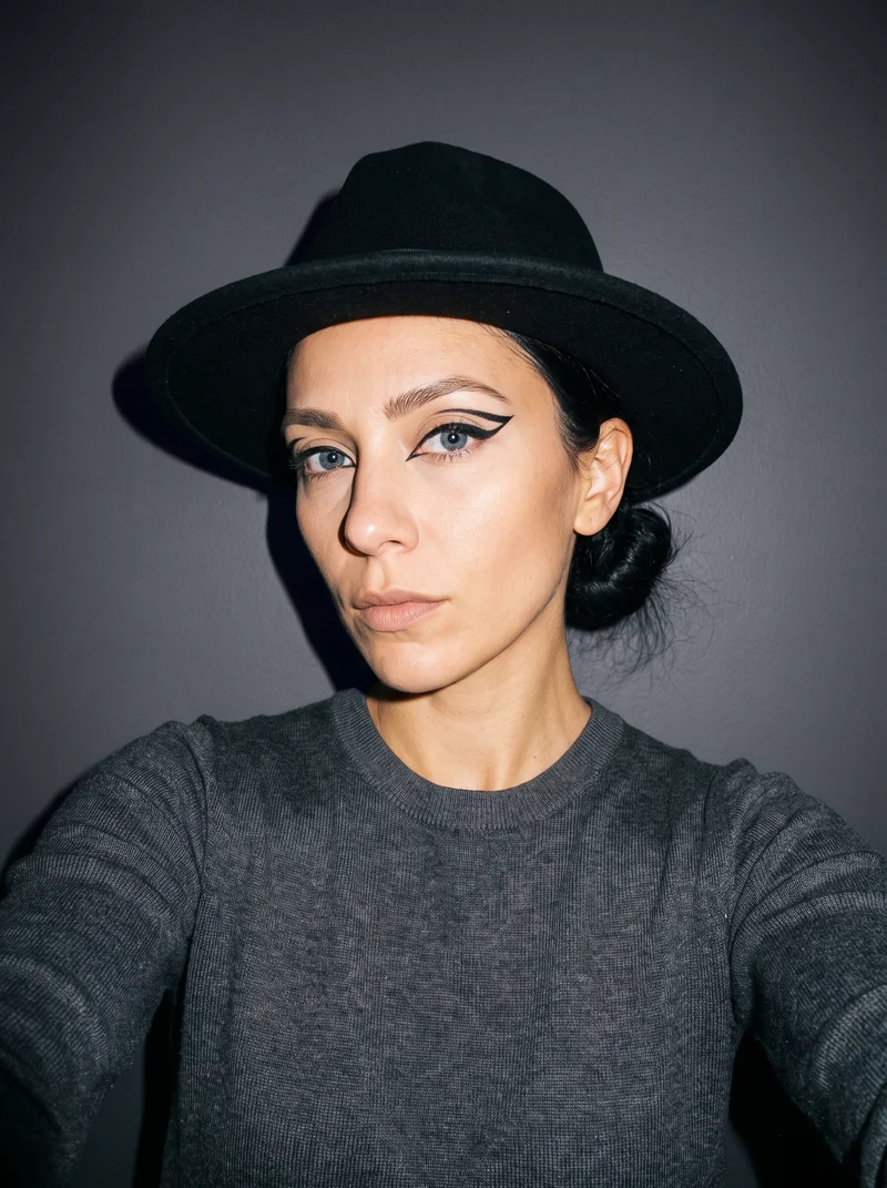 Women's Black Wool Fedora, Selfie at Front, Flash Editorial lighting