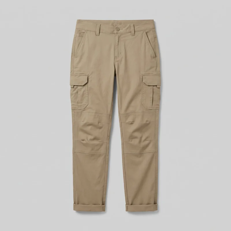 A full pair of women's khaki hiking trousers is shown laid flat in a front standalone view. The trousers have a regular fit, mid-rise waistband, straight upper legs that taper toward turned-up cuffs, a buttoned fly front, belt loops, angled hip pockets, and a small inset pocket near one hip. Flap cargo pockets with stitched rectangular pocket bags and side tabs sit on both thighs, while panel seams, reinforced stitching, knee articulation seams, and horizontal lower-leg seam panels add structure.
