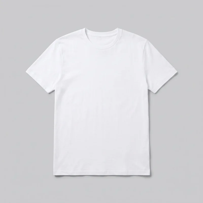 A plain white men's short-sleeve crew-neck T-shirt is shown laid flat in a standalone front view. The shirt has a round ribbed neckline, set-in sleeves with simple hems, visible shoulder seams, a regular straight fit, and a straight stitched bottom hem, with no visible logos, prints, pockets, or closures.