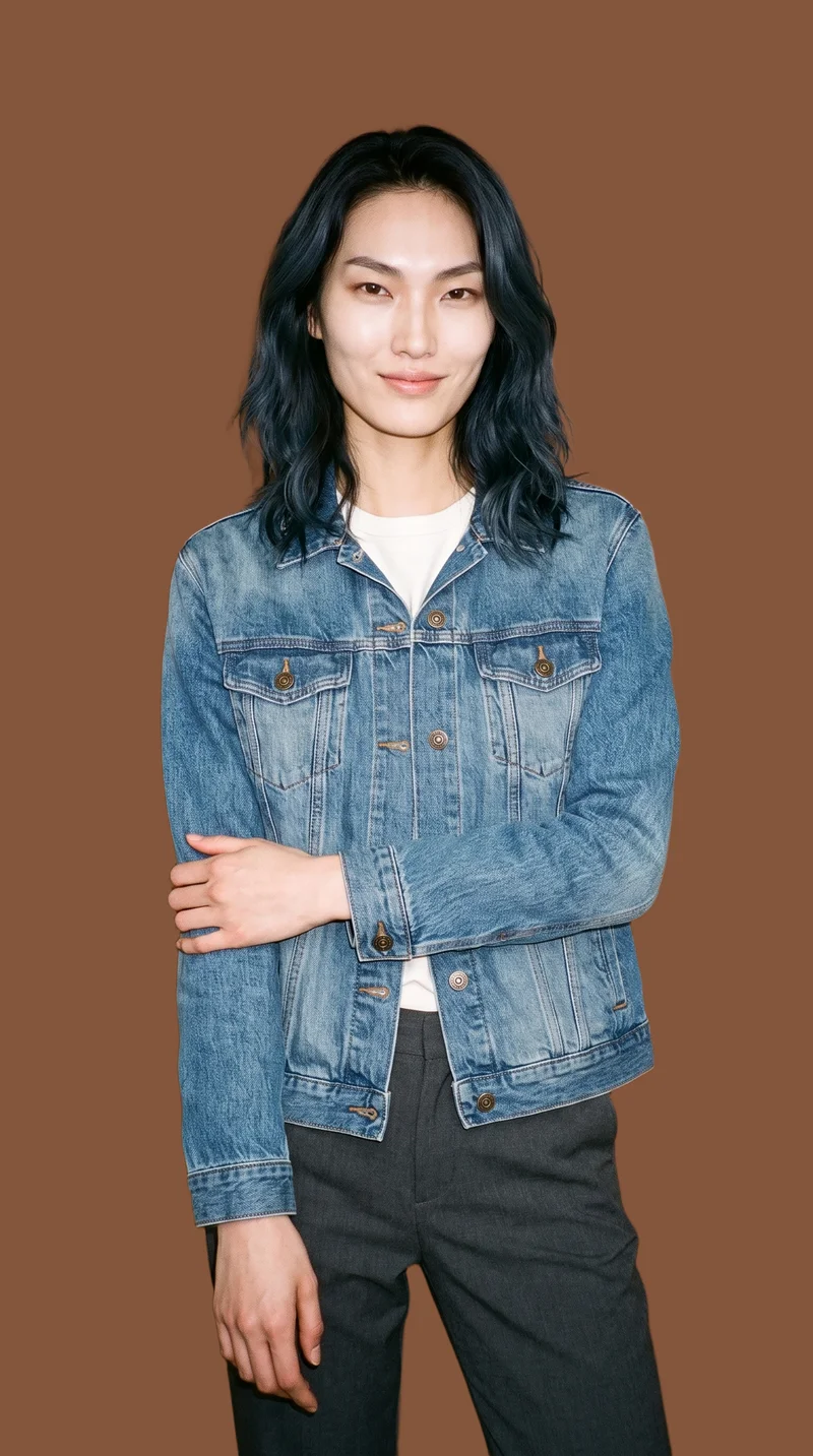Women's Mid-Wash Oversized Denim Jacket, Three-quarter length at Three-quarter, Studio Cutout lighting