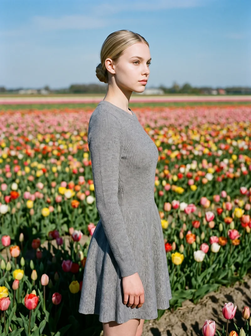 An 18-year-old Caucasian woman wears a grey knitted sweater dress in a 3/4-length side view. She stands in a relaxed pose with a neutral expression against a tulip field backdrop.