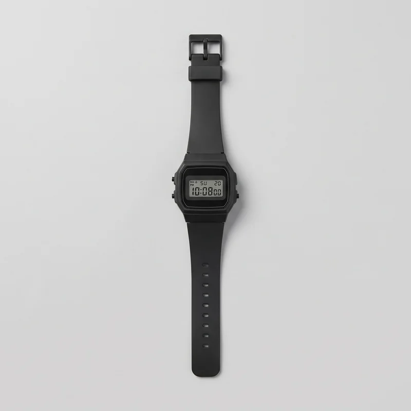 A complete black digital sports wristwatch lies flat in a straight-on view. It has a rectangular digital display in a rounded rectangular, slightly faceted case, a raised layered bezel, and small pushers on both sides. The full-length strap includes a tapered section near the lugs, a keeper loop, a pin buckle, oval adjustment holes, and a rounded end.