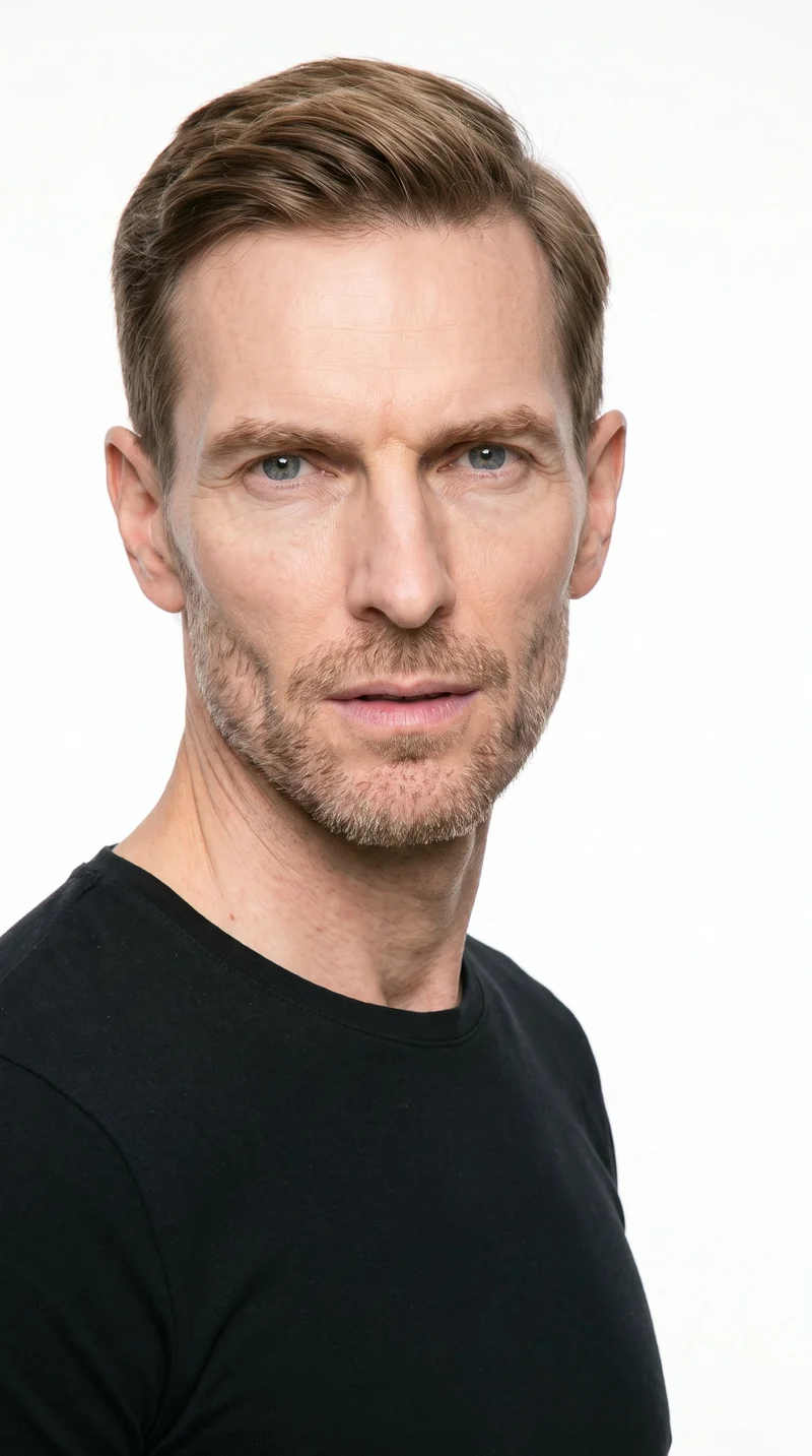 A 58-year-old Caucasian man with fair skin and a cool undertone has a gaunt face with lean features, hollowed cheeks, and sharply sculpted bone structure. His thick eyebrows frame blue eyes with a cool undertone, and he has thin lips. His light-brown hair is combed to one side along a defined part, and short, even beard growth covers his face with a closely groomed texture.