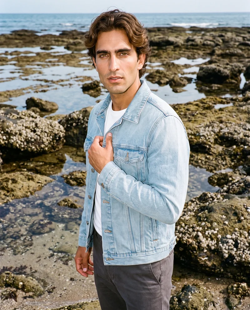 A 34-year-old Hispanic man wears a light wash denim jacket in an upper-body view from a front three-quarter angle. His fingers are positioned at his chest, and his expression is neutral. Tidal pool rocks form the backdrop.