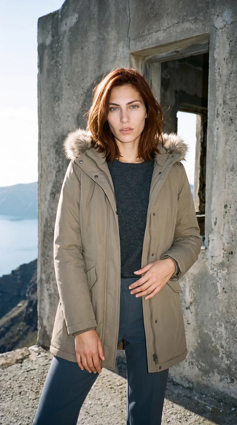A 26-year-old Caucasian woman wears a women's khaki parka with a fur-trimmed hood. She is shown from the front in a three-quarter-length frame with one hip angled outward and a serious expression, against a Santorini caldera-view backdrop.