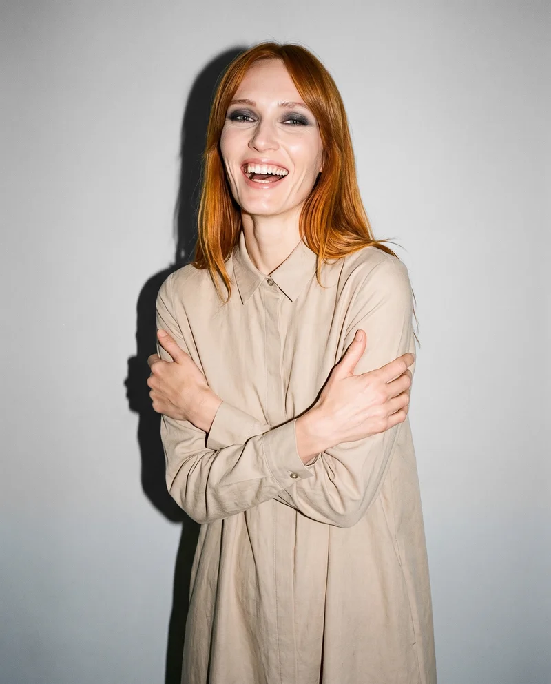 Beige Modest Shirt Dress, Upper body at Three-quarter, Flash Editorial lighting