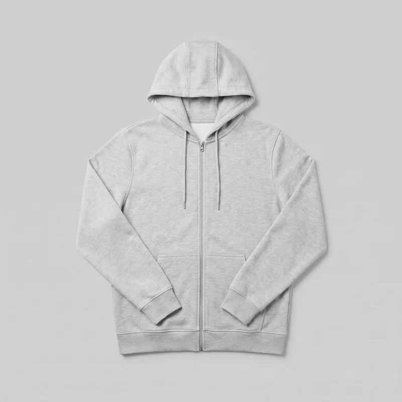 A mostly complete front view of a grey full-zip hooded sweatshirt laid flat. It has an attached paneled hood with drawcords, a center zipper, long raglan-style sleeves with ribbed cuffs, two split lower front pouch pockets, curved sleeve seams, and a straight ribbed hem. No logos, prints, patches, embroidery, or embellishments are visible.