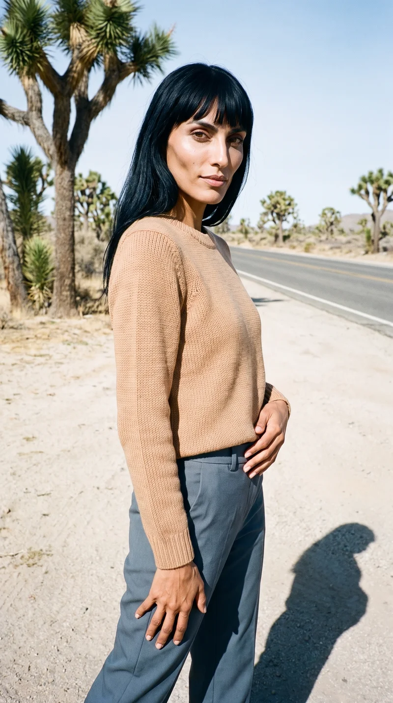 A 27-year-old Hispanic woman wears a camel knit pullover jumper, shown in a three-quarter-length front view at a three-quarter angle with one hip angled outward and a natural expression. A Joshua Tree desert highway backdrop is visible behind her.