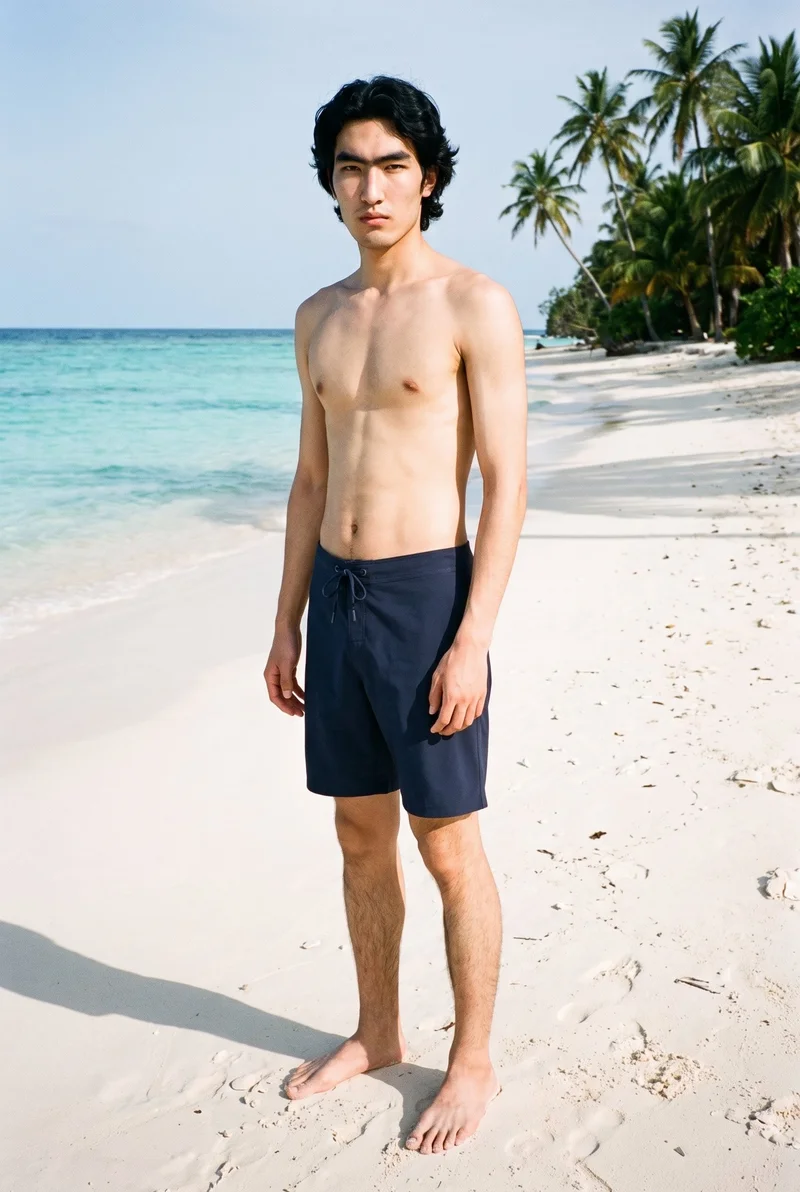 A 20-year-old Chinese male model stands straight in navy board shorts, shown from an angled front view with a confident expression. A palm tree beach backdrop frames the full-body composition.