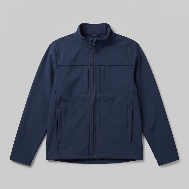 A navy men's softshell jacket is shown laid flat in a front view. It has a stand collar, full-length center zipper, long sleeves, a horizontal chest yoke seam, vertical panel seams, two chest patch-style pockets with vertical zip openings, and two lower welt zip pockets near the side panels. The jacket has a straight hip-length hem with a slightly lower back edge visible beneath it, and no logos or decorative embellishments.